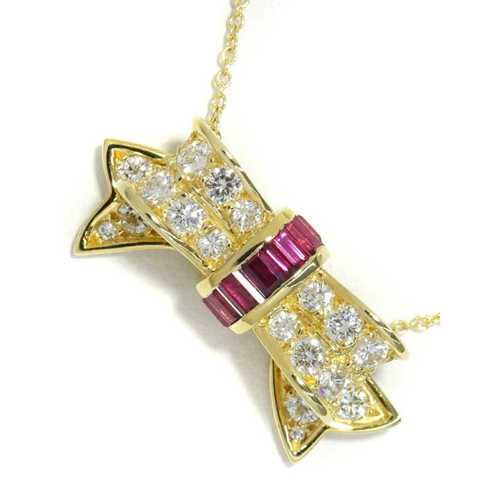Tiffany Ribbon Motif Necklace Ruby Diamond Yellow Gold